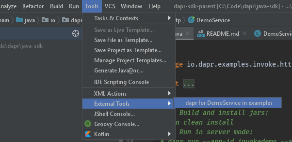 Run dapr as 'External Tool'