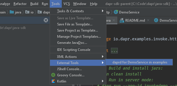 Run daprd as 'External Tool'