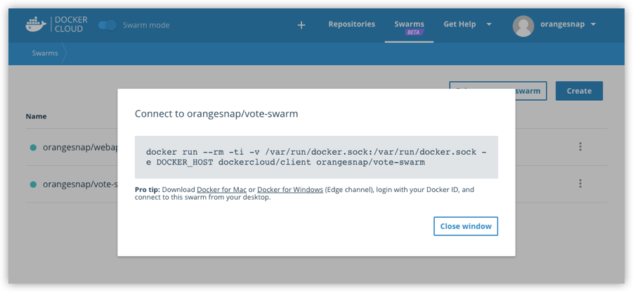 Connect to swarm popup