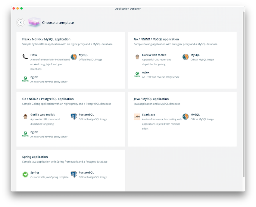 Available templates for application creation You can tab through the available application templates. A description of each template is provided.