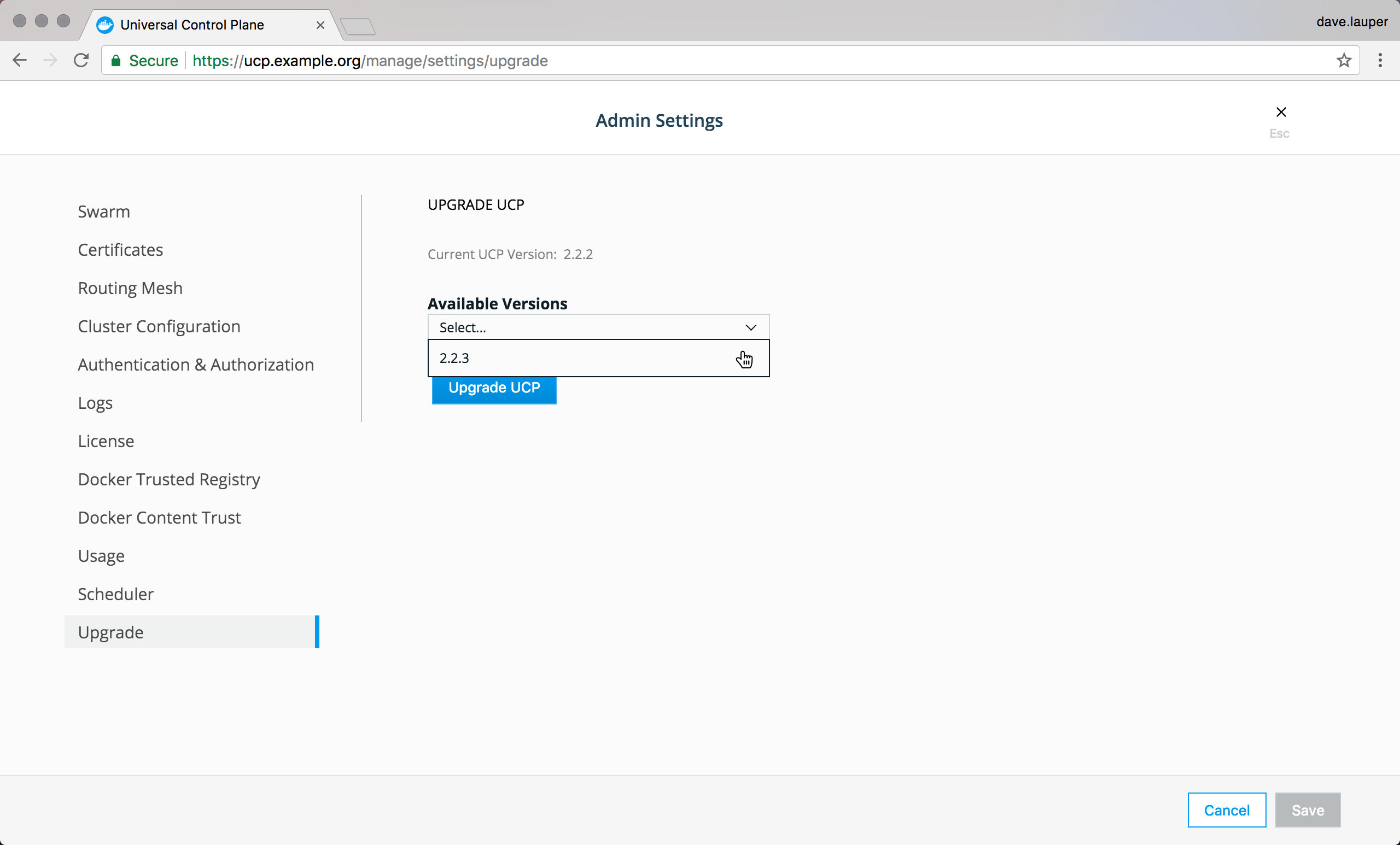 UCP upgrade page - version selection