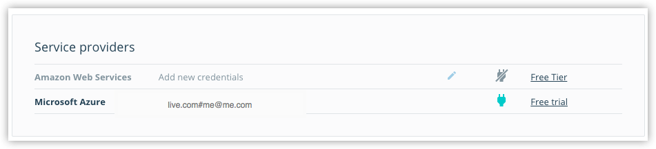 Microsoft Azure entry in Service providers list