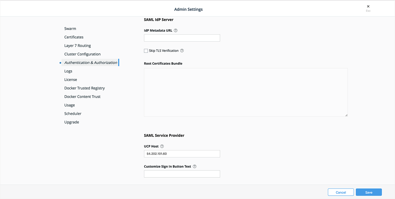 Configuring IdP values for SAML in UCP
