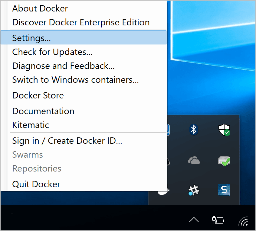 Docker for Windows popup menu