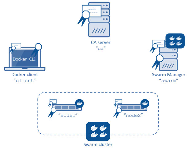 Swarm cluster, Docker client, CA server, Swarm manager