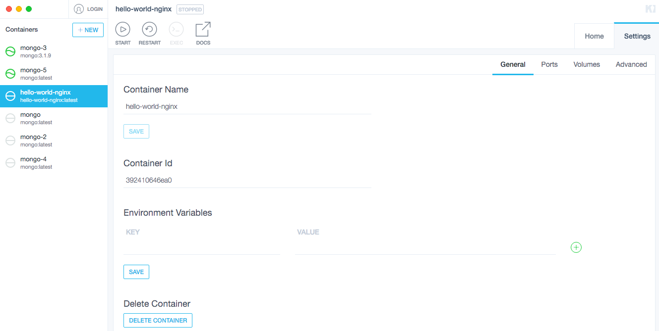 An active container in Kitematic