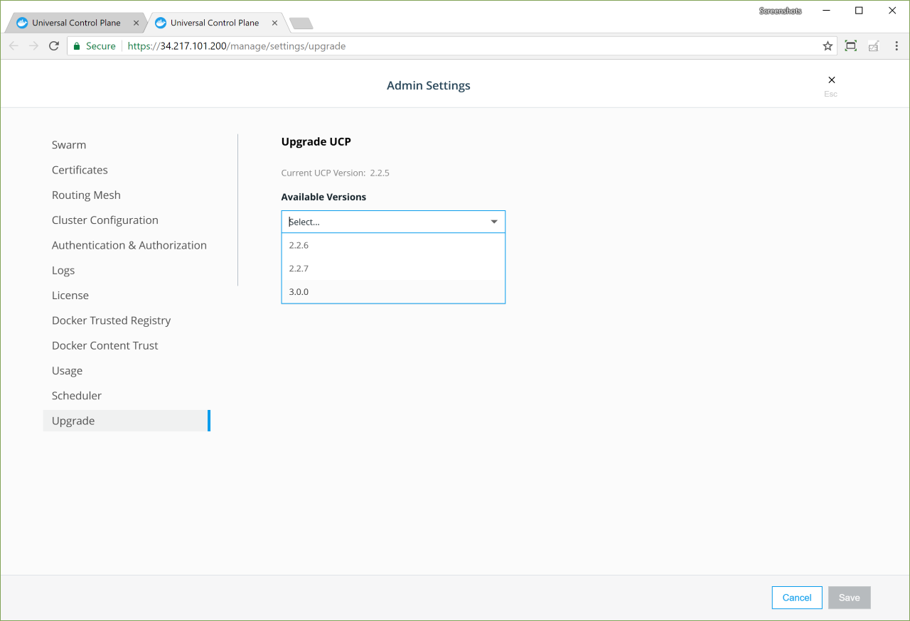 UCP upgrade page - version selection