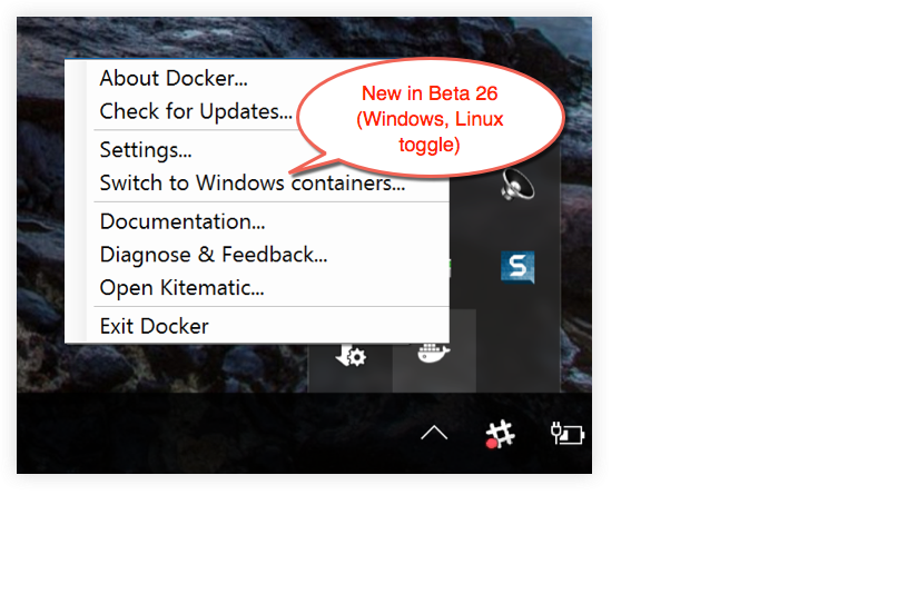 Beta 26 popup with switch for Windows or Linux containers