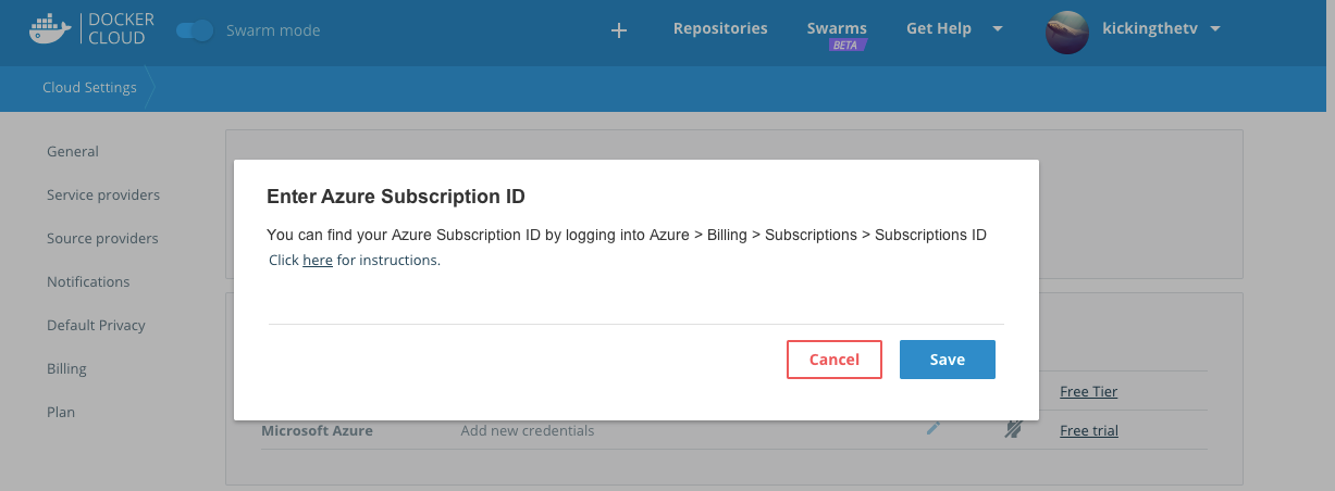 Enter Azure subscription ID popup