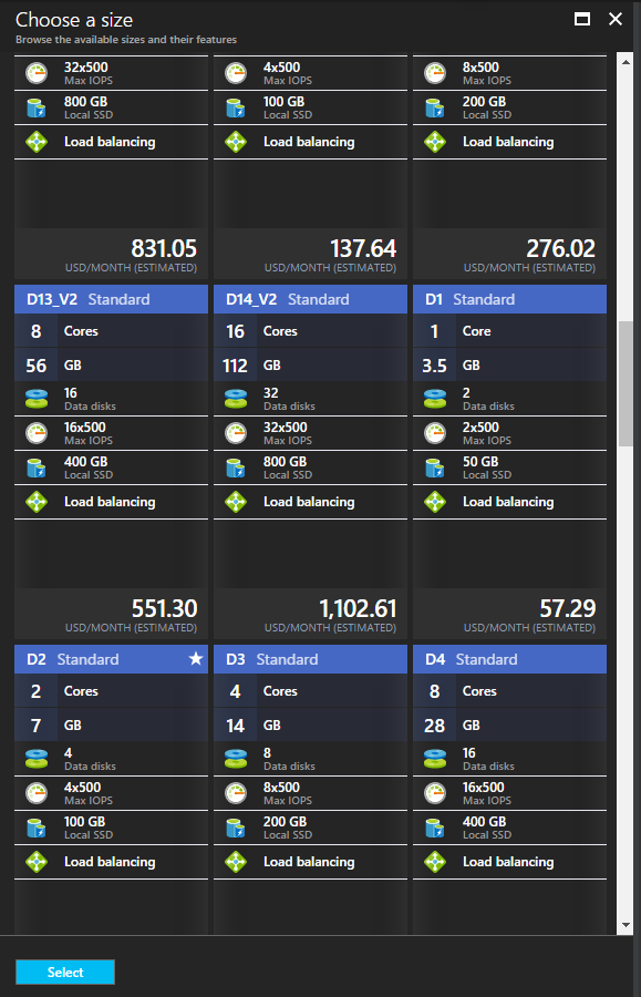 The Choose a VM Size blade of a Docker EE for Azure deployment