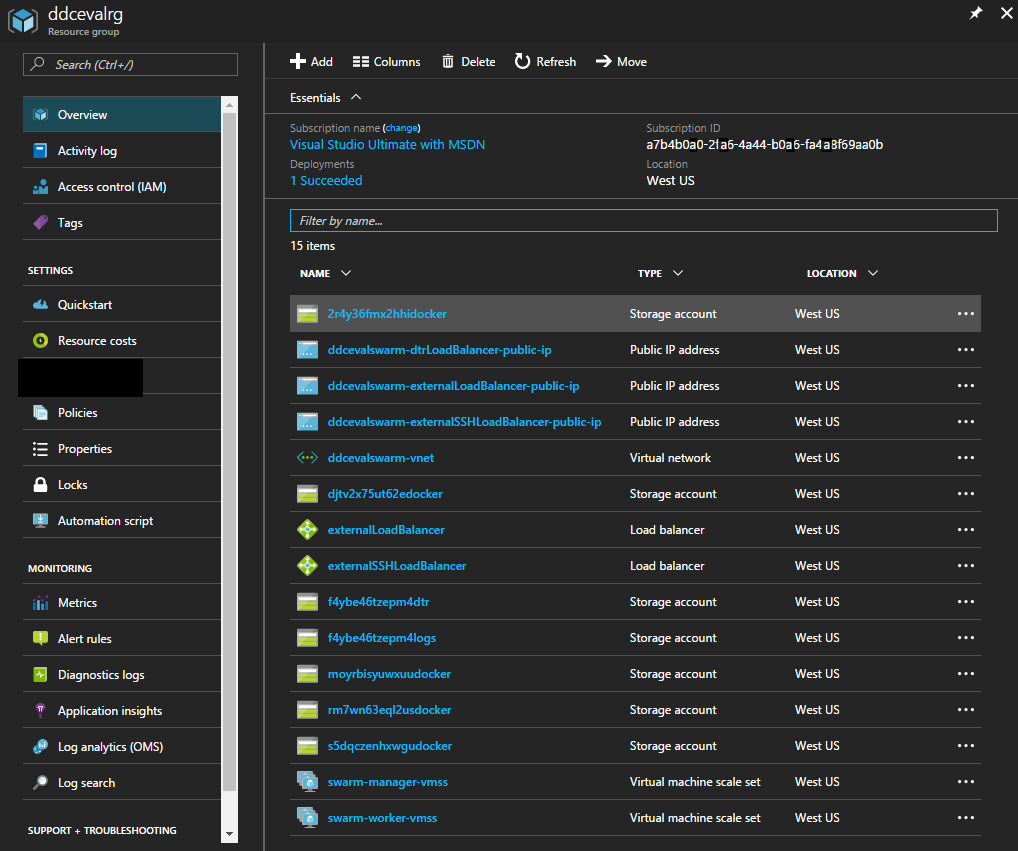 The resource group blade of a Docker EE for Azure deployment