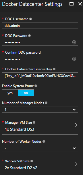 The Settings blade of a Docker EE for Azure deployment