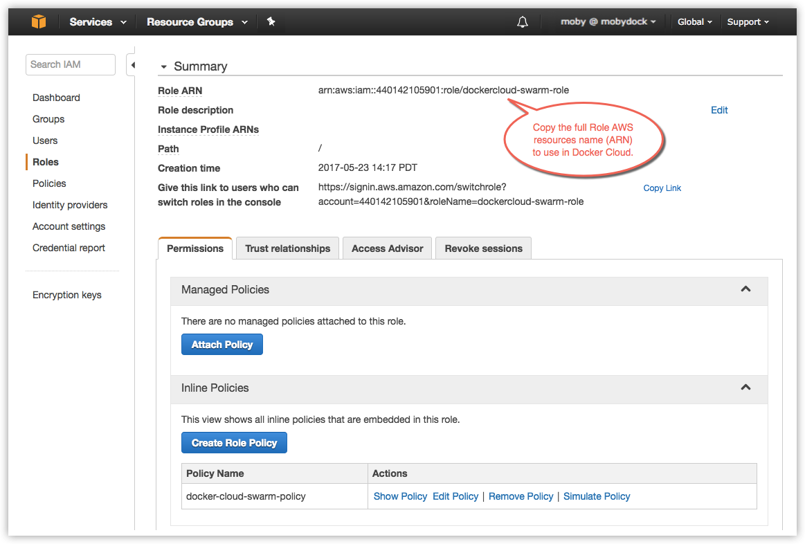 Role summary showing Role ARN