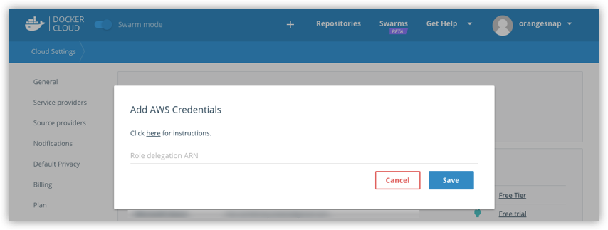 Add AWS Credentials popup