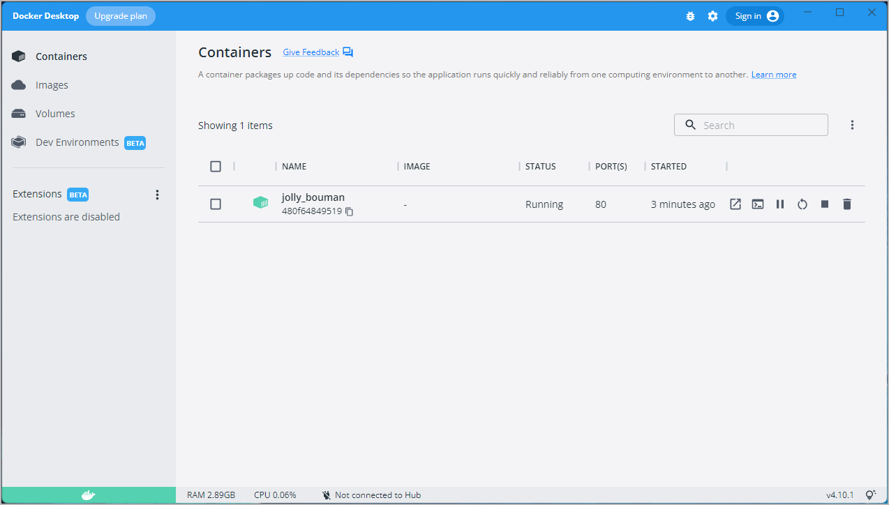 Tutorial container running in Docker Dashboard