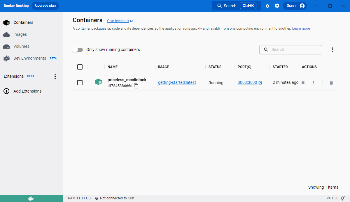 Docker Dashboard with tutorial and app containers running