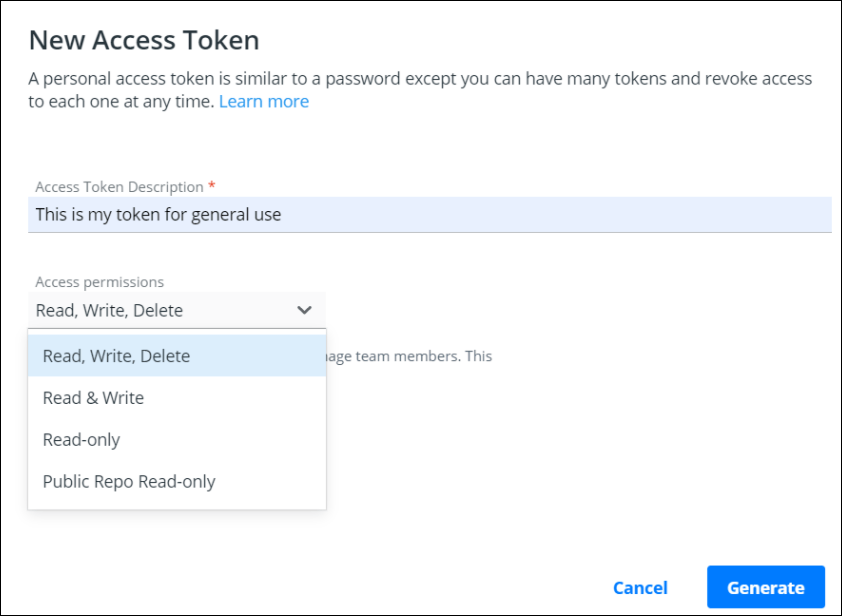 New access token menu