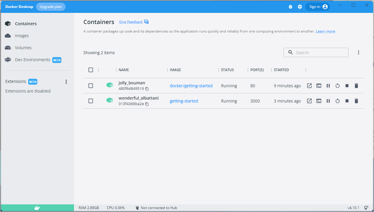 Docker Dashboard with tutorial and app containers running